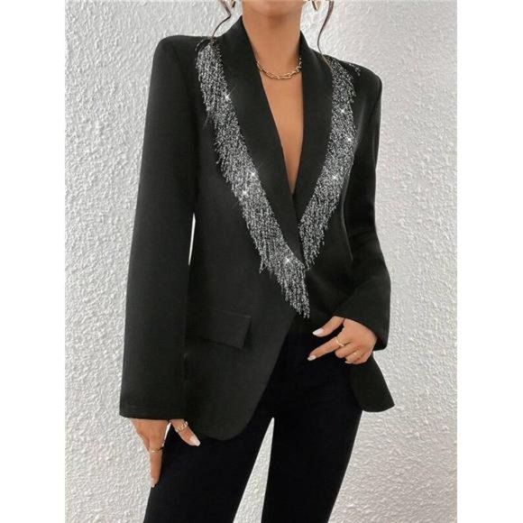 Fringe Trim Plunging Neckline Blazer- Black - Picture 1 of 6